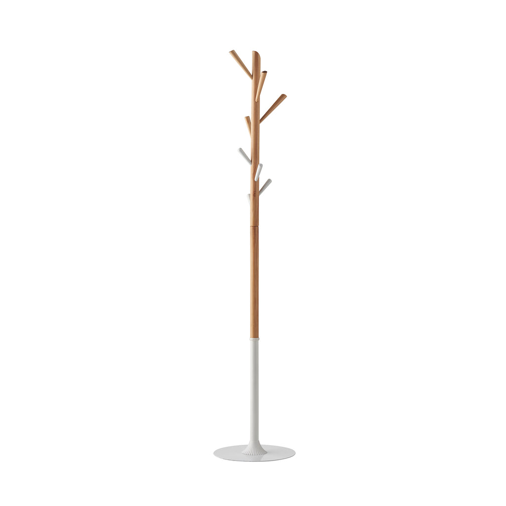 Wooden coat rack with branch-like design on a white background