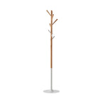 Wooden coat rack with branch-like design on a white background
