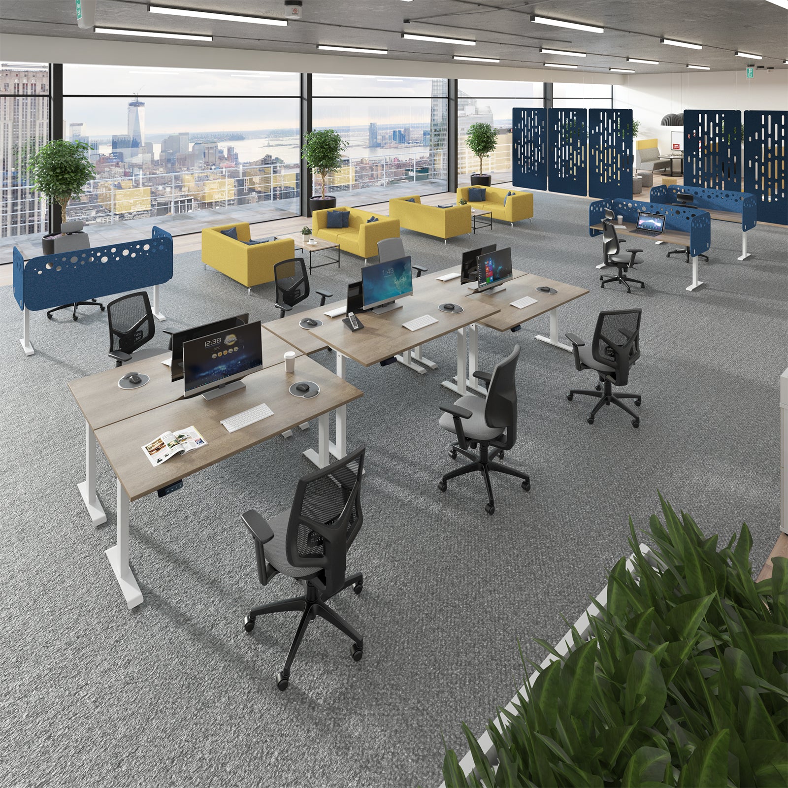 Modern office space with desks, chairs, and large windows overlooking a cityscape.
