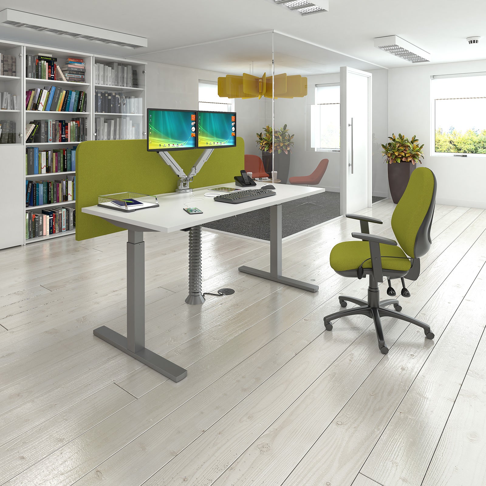 Modern office setting with a desk, chair, and computer, with a bookcase in the background