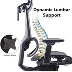 Chair with dynamic lumbar support feature, showing spinal illustration and adjustment knob.
