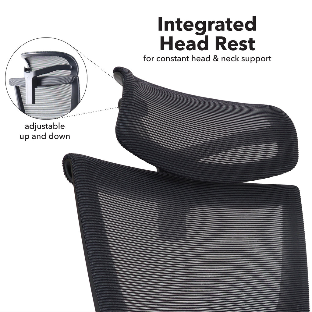 Black office chair with integrated headrest and adjustable feature on a white background