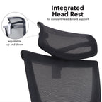 Black office chair with integrated headrest and adjustable feature on a white background