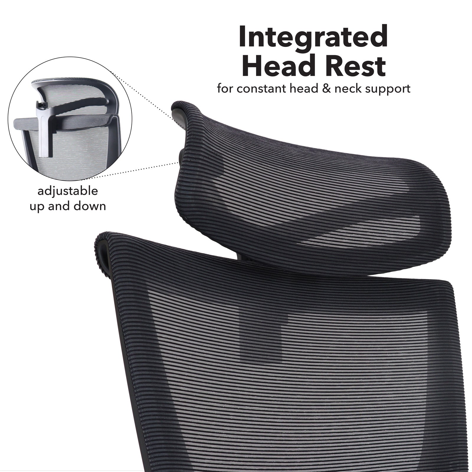 Black office chair with integrated headrest and adjustable feature on a white background