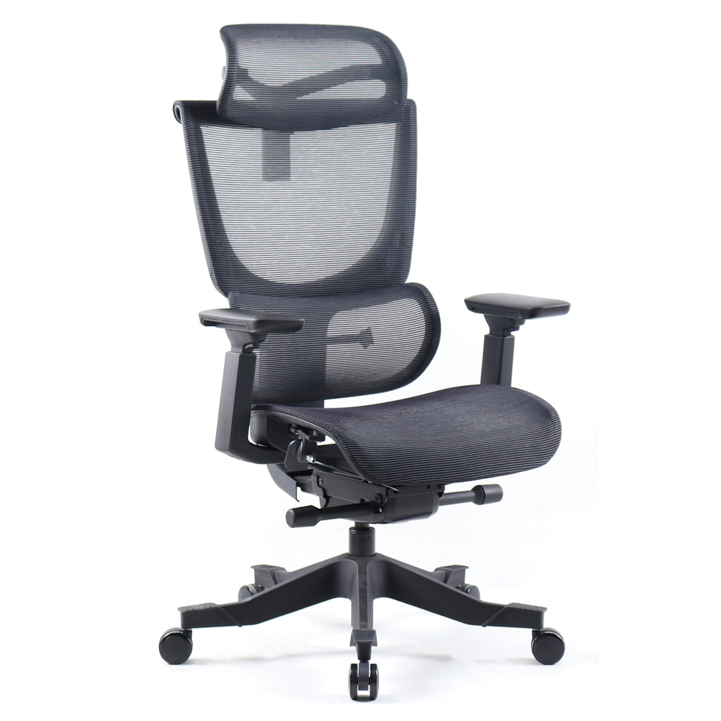 Black office chair with mesh back on a white background