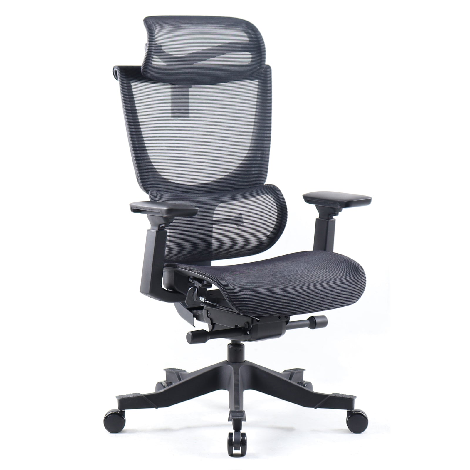 Black office chair with mesh back on a white background