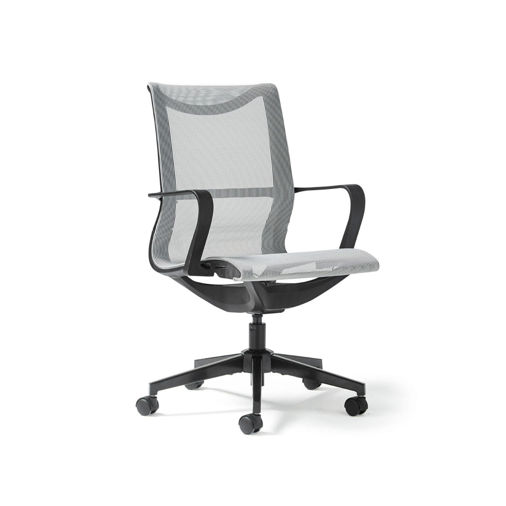 Grey mesh office chair with black frame on a white background
