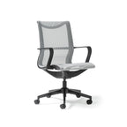 Grey mesh office chair with black frame on a white background