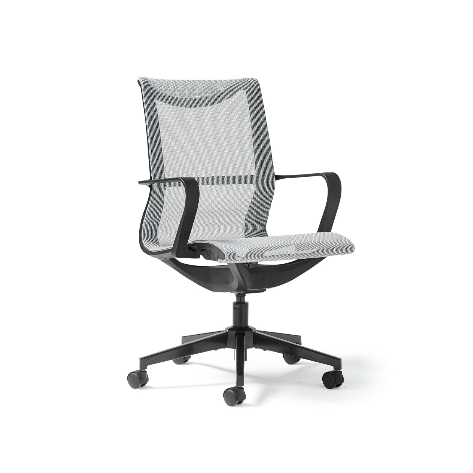 Grey mesh office chair with black frame on a white background