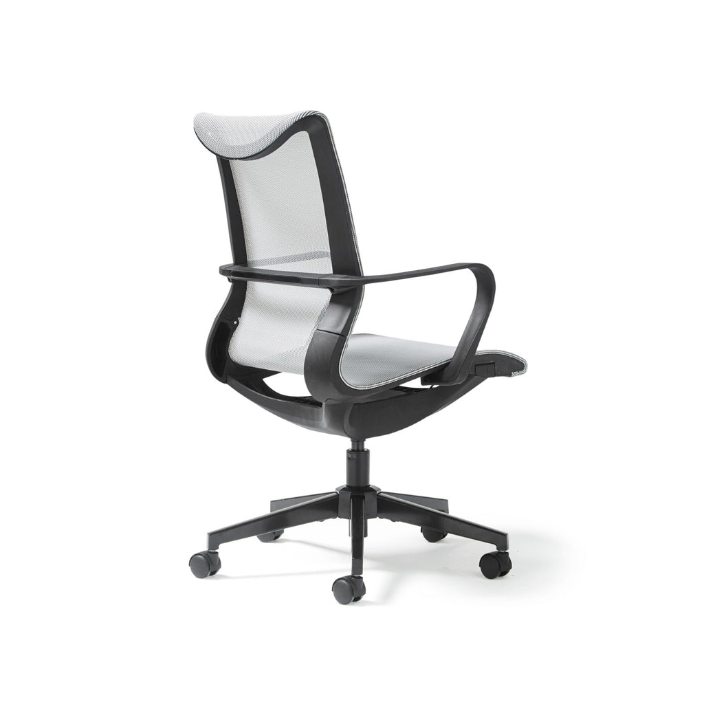 Grey mesh office chair with black frame on a white background