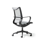 Grey mesh office chair with black frame on a white background