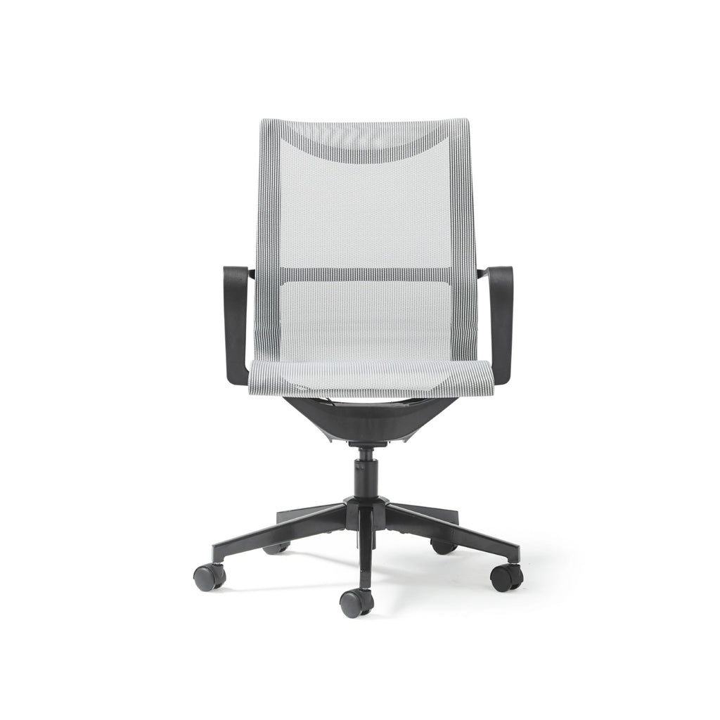 Grey mesh office chair with black frame on a white background