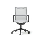 Grey mesh office chair with black frame on a white background