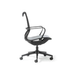 Grey mesh office chair with black frame on a white background