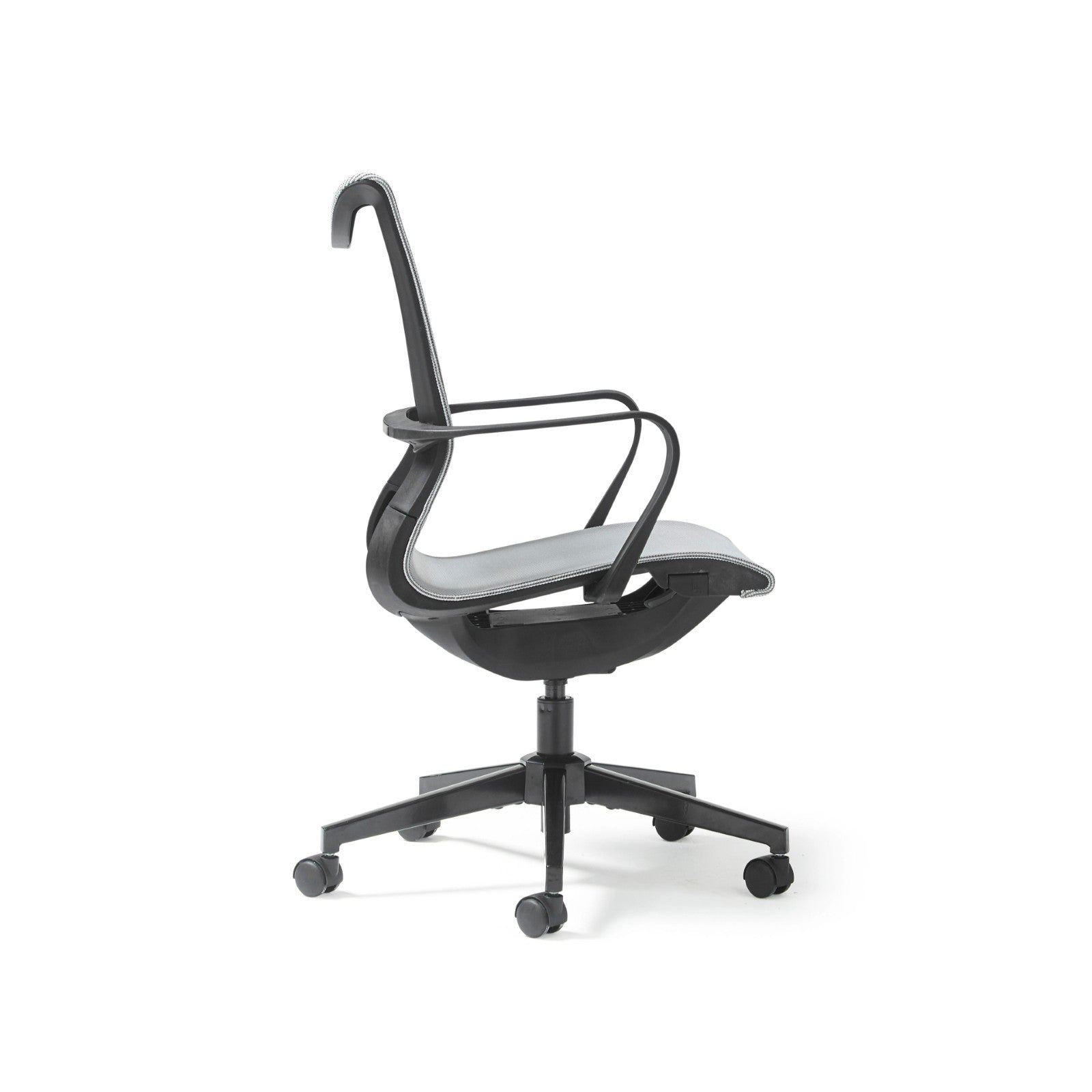 Grey mesh office chair with black frame on a white background