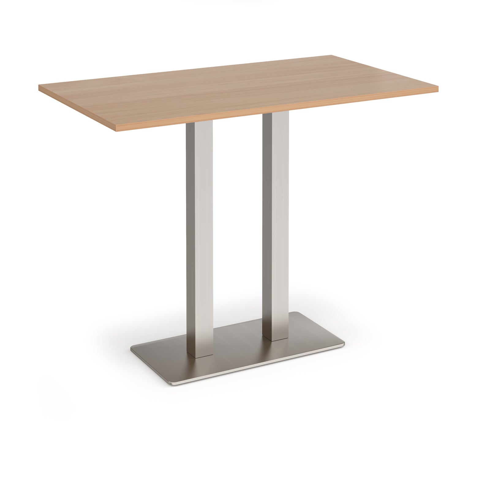 Rectangular poseur table with wood-effect top and flat rectangular brushed steel base on a white background