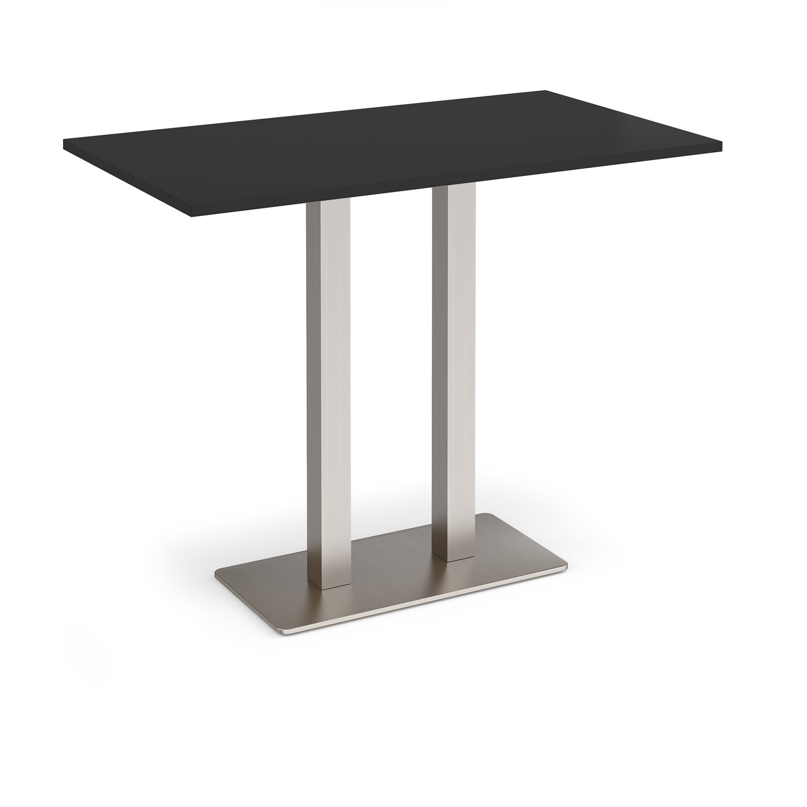 Rectangular poseur table with black top and flat rectangular brushed steel base on a white background