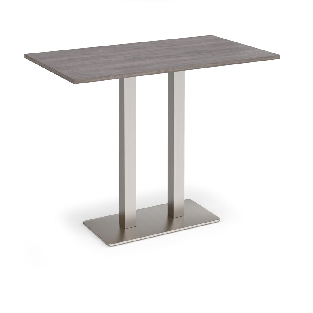Rectangular poseur table with grey wood-effect top and flat rectangular brushed steel base on a white background
