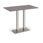 Rectangular poseur table with grey wood-effect top and flat rectangular brushed steel base on a white background