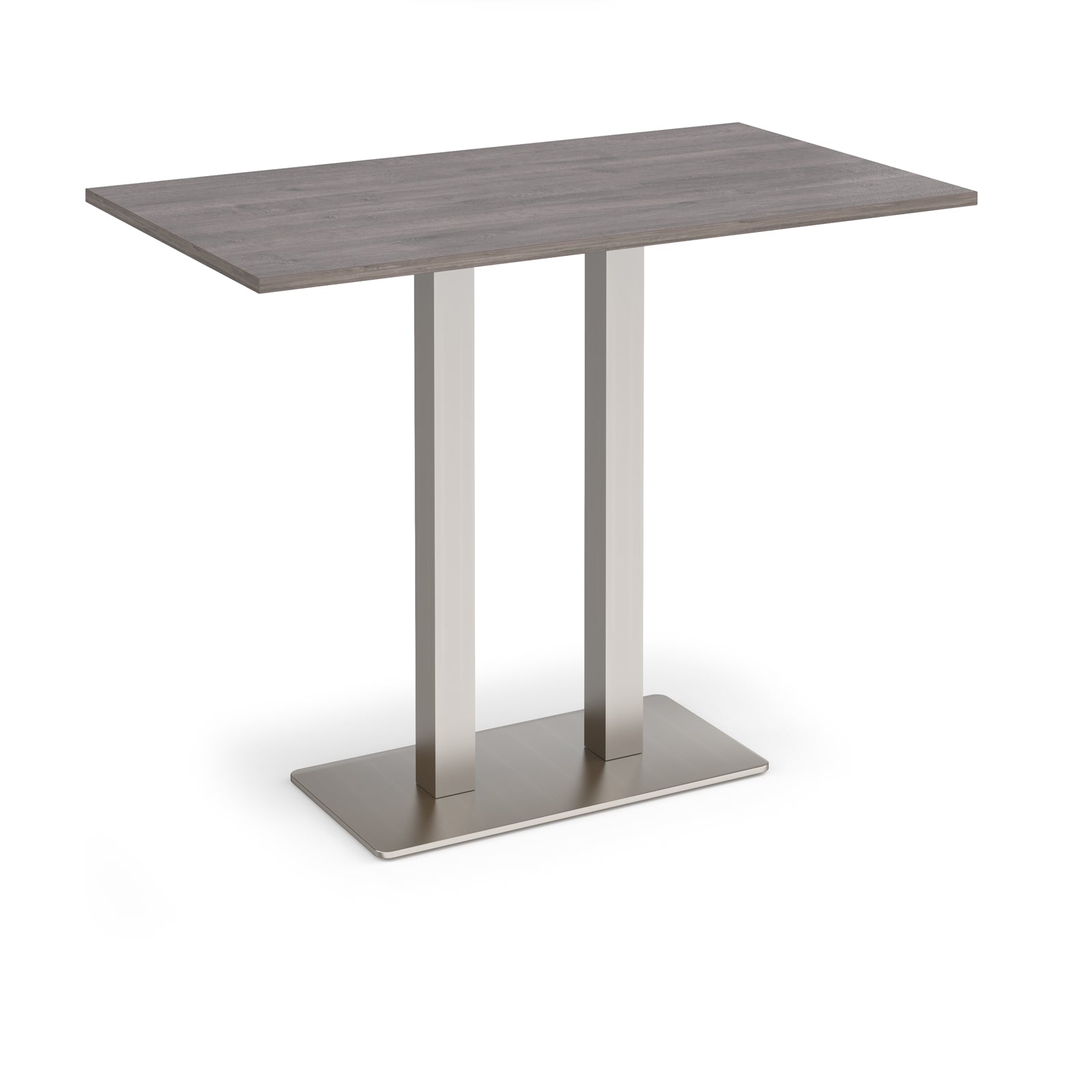 Rectangular poseur table with grey wood-effect top and flat rectangular brushed steel base on a white background