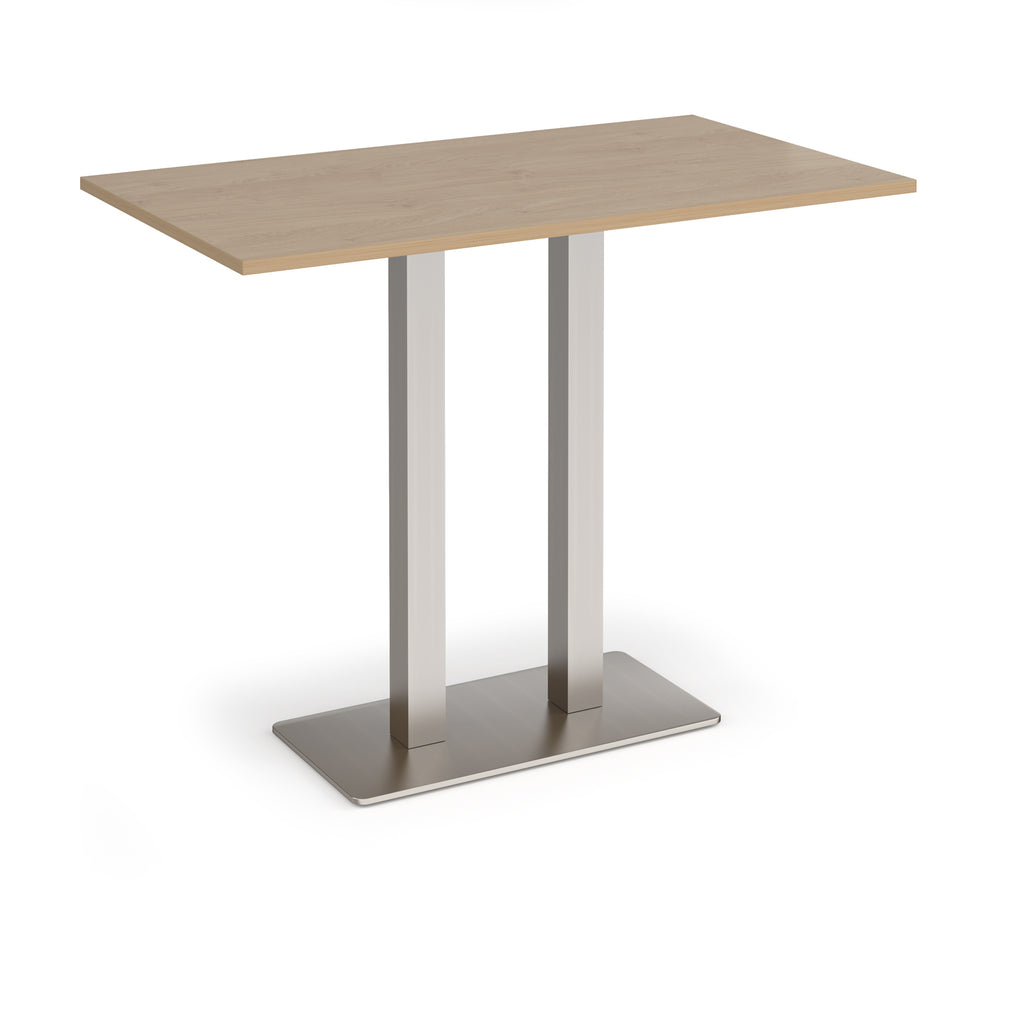 Rectangular poseur table with wood-effect top and flat rectangular brushed steel base on a white background