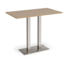 Rectangular poseur table with wood-effect top and flat rectangular brushed steel base on a white background
