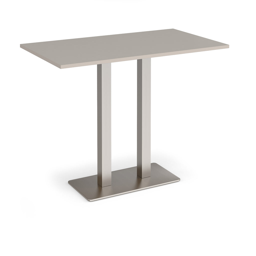 Rectangular poseur table with light grey top and flat rectangular brushed steel base on a white background