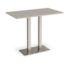 Rectangular poseur table with light grey top and flat rectangular brushed steel base on a white background