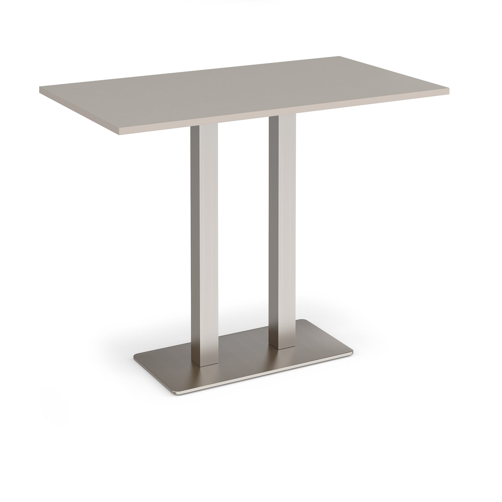 Rectangular poseur table with light grey top and flat rectangular brushed steel base on a white background