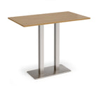 Rectangular poseur table with wood-effect top and flat rectangular brushed steel base on a white background