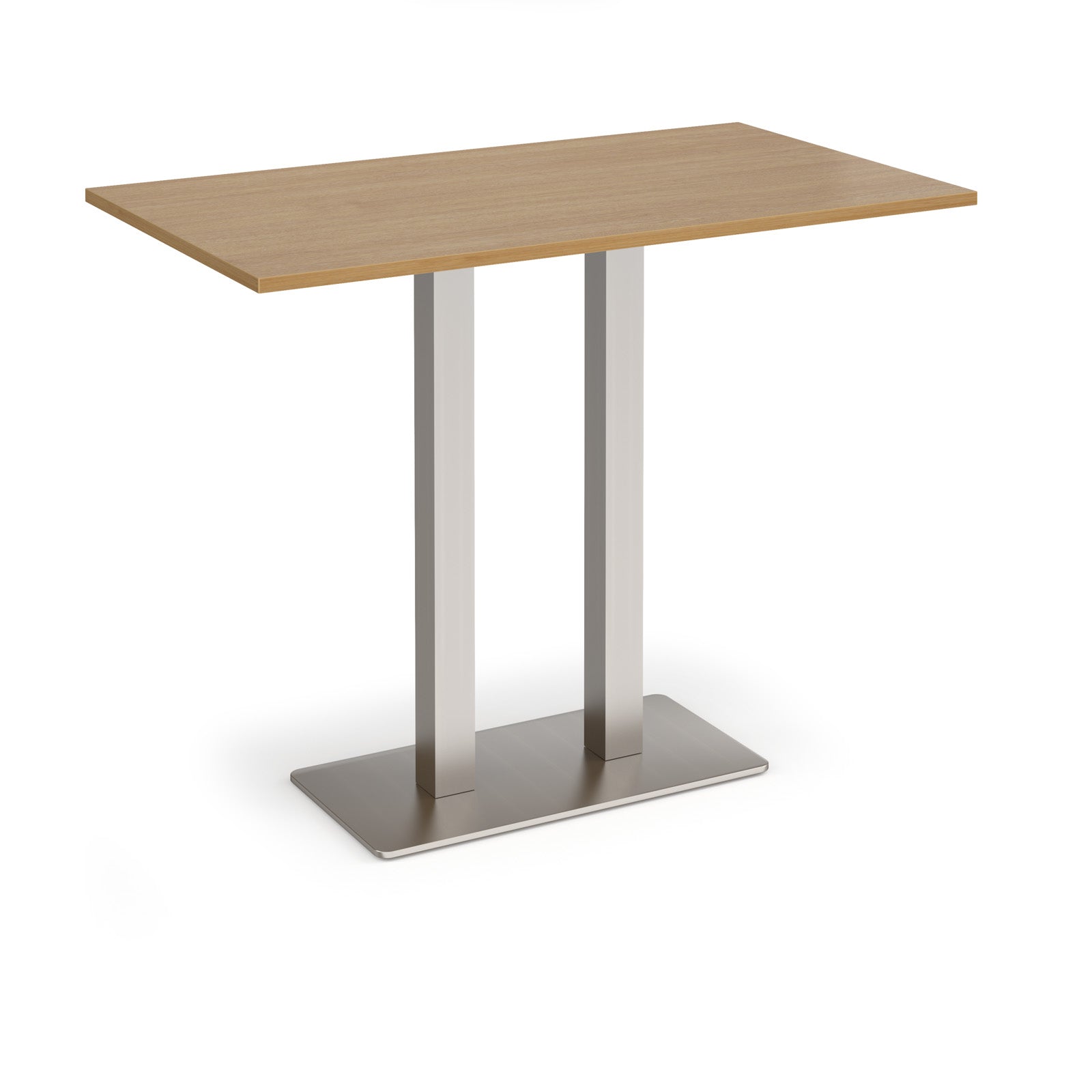 Rectangular poseur table with wood-effect top and flat rectangular brushed steel base on a white background