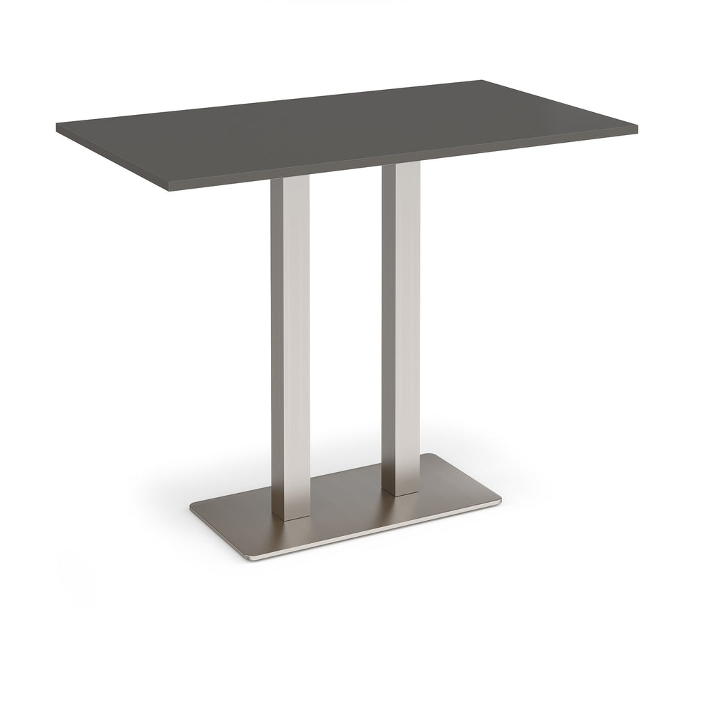 Rectangular poseur table with grey top and flat rectangular brushed steel base on a white background