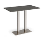 Rectangular poseur table with grey top and flat rectangular brushed steel base on a white background