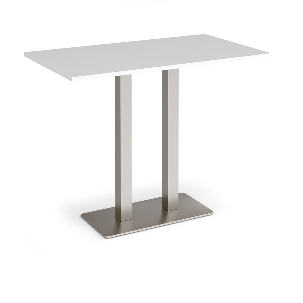 Rectangular poseur table with white top and flat rectangular brushed steel base on a white background
