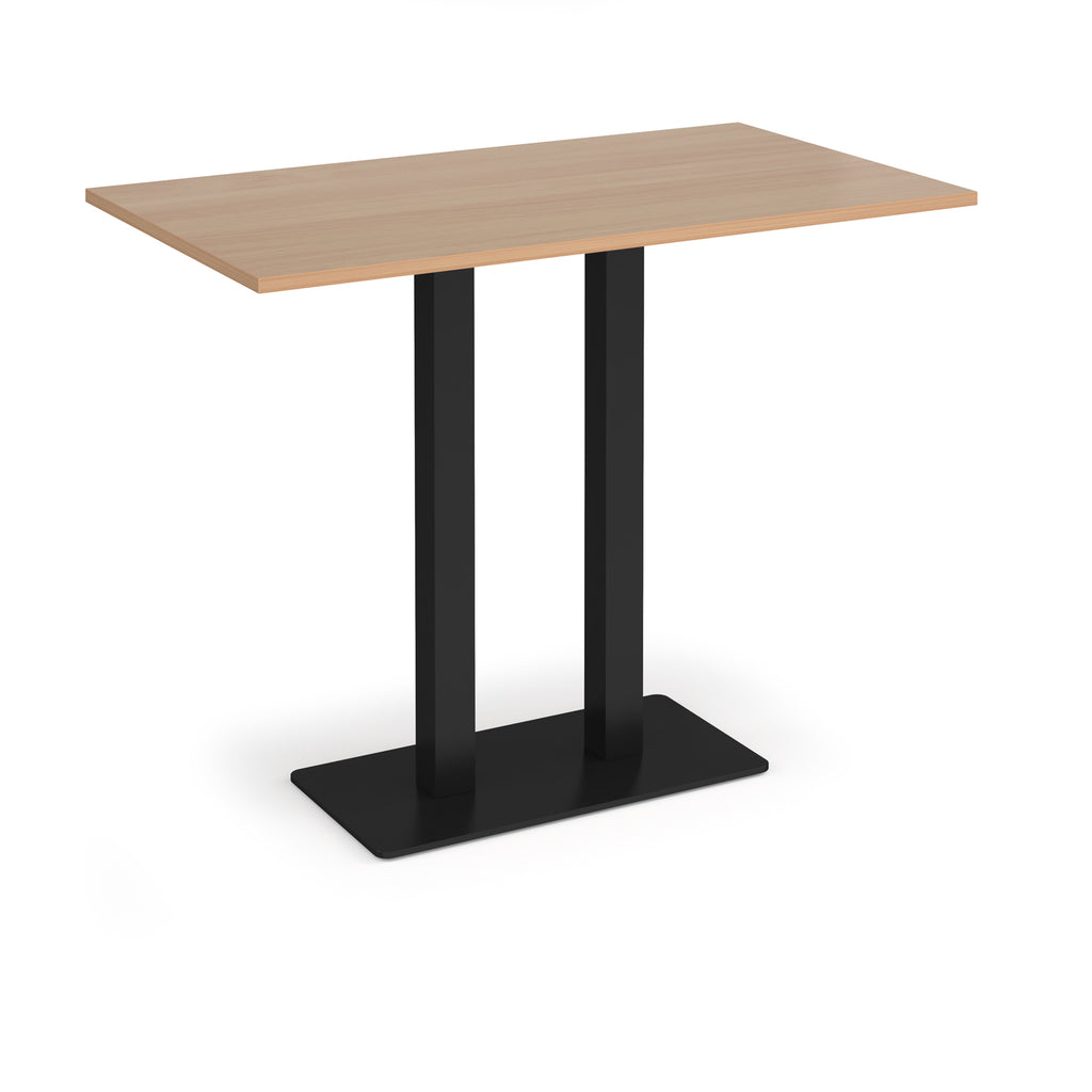 Rectangular poseur table with wood-effect top and flat rectangular black base on a white background