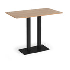 Rectangular poseur table with wood-effect top and flat rectangular black base on a white background