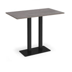 Rectangular poseur table with grey wood-effect top and flat rectangular black base on a white background