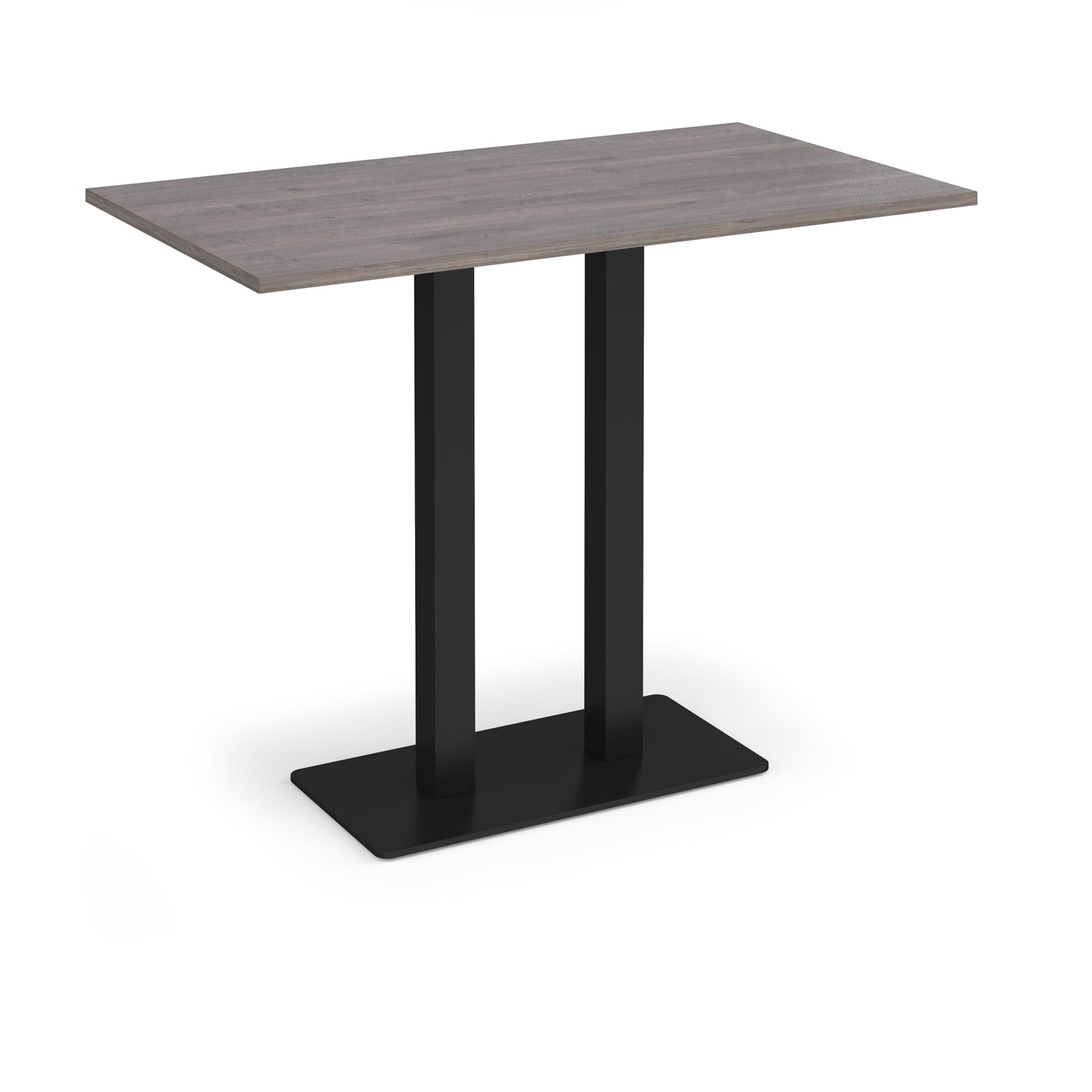 Rectangular poseur table with grey wood-effect top and flat rectangular black base on a white background