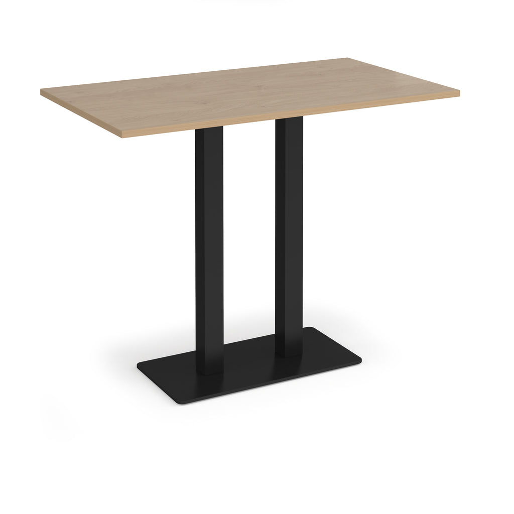 Rectangular poseur table with wood-effect top and flat rectangular black base on a white background