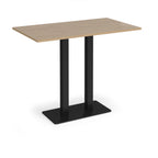 Rectangular poseur table with wood-effect top and flat rectangular black base on a white background