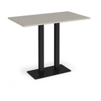 Rectangular poseur table with light grey top and flat rectangular black base on a white background