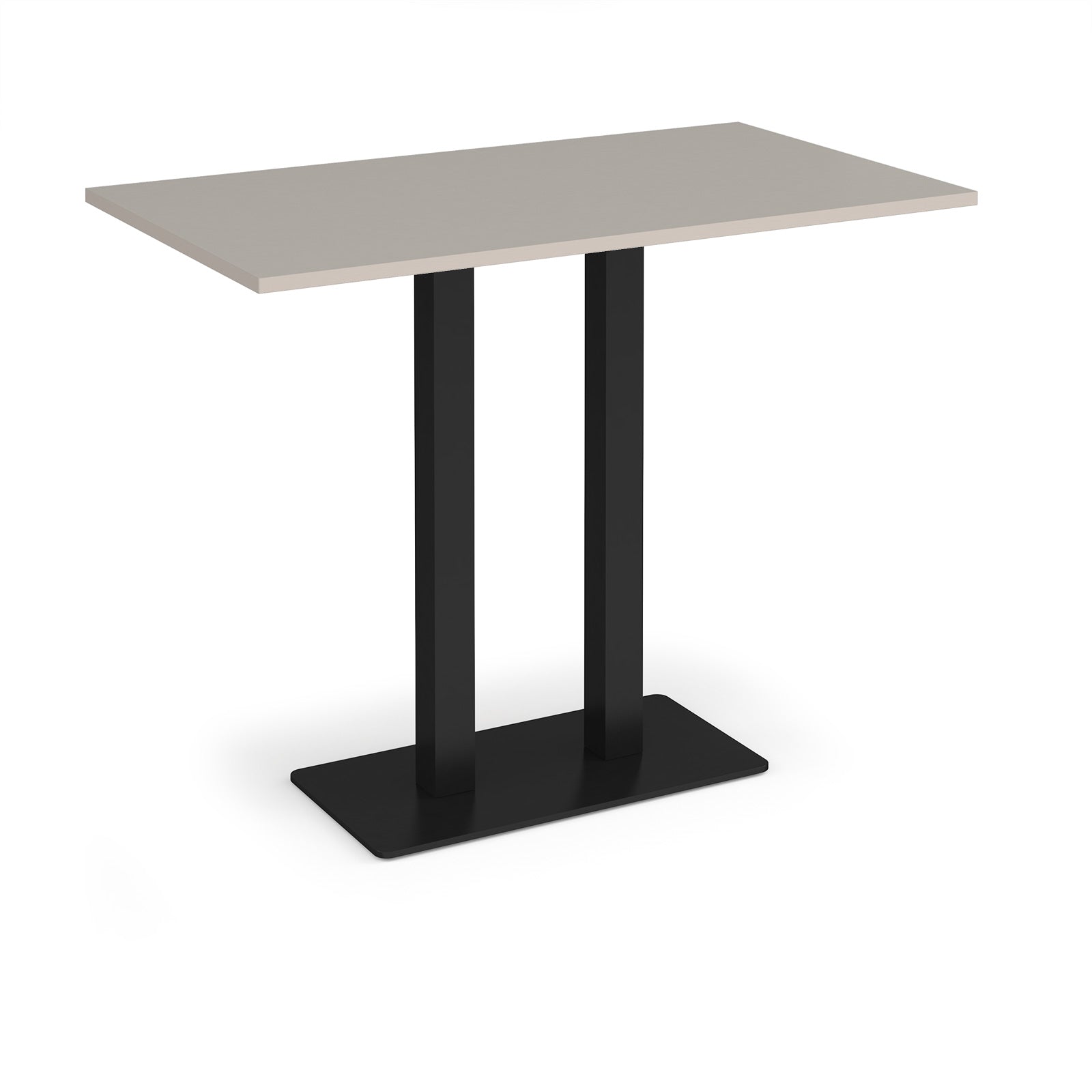 Rectangular poseur table with light grey top and flat rectangular black base on a white background