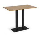 Rectangular poseur table with wood-effect top and flat rectangular black base on a white background