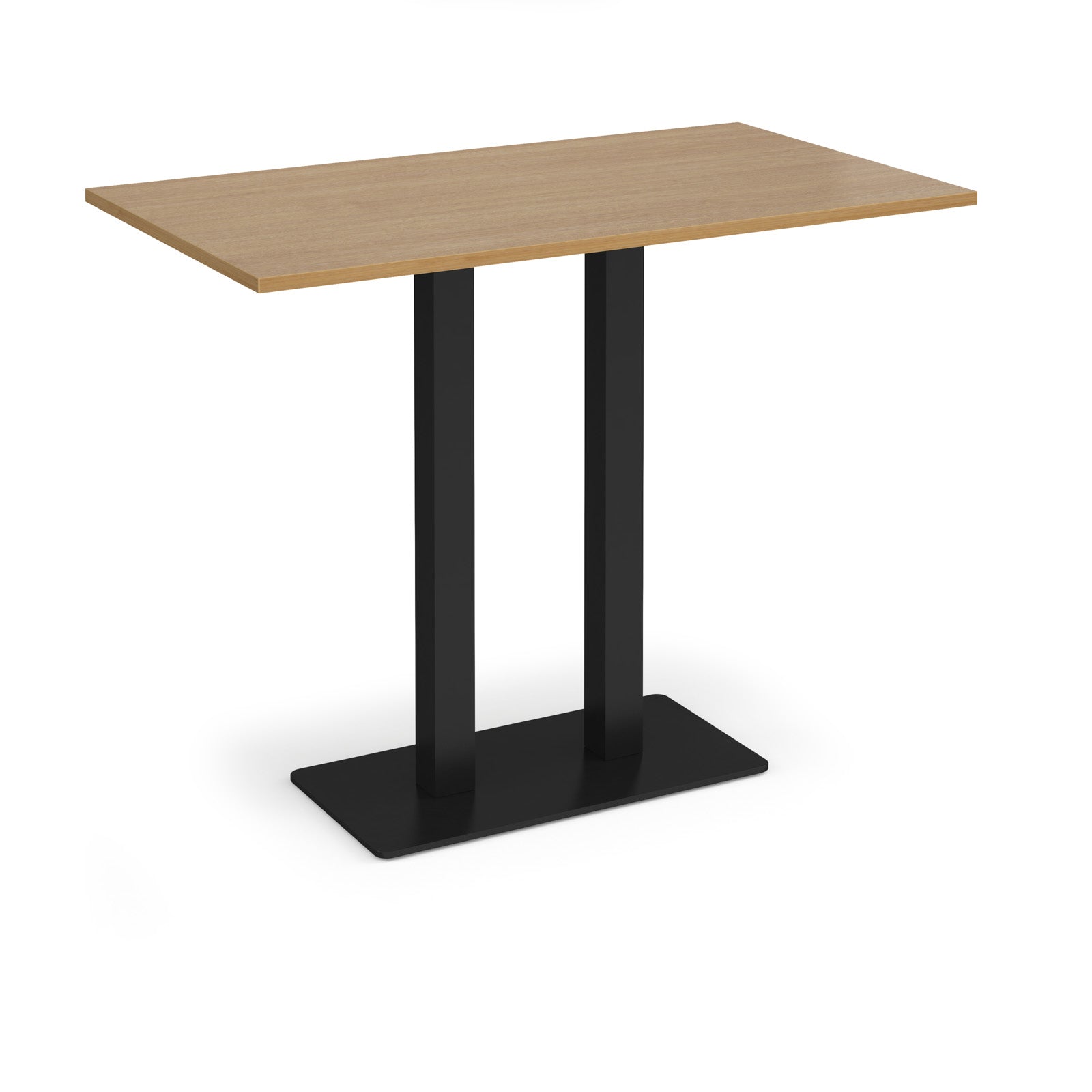 Rectangular poseur table with wood-effect top and flat rectangular black base on a white background