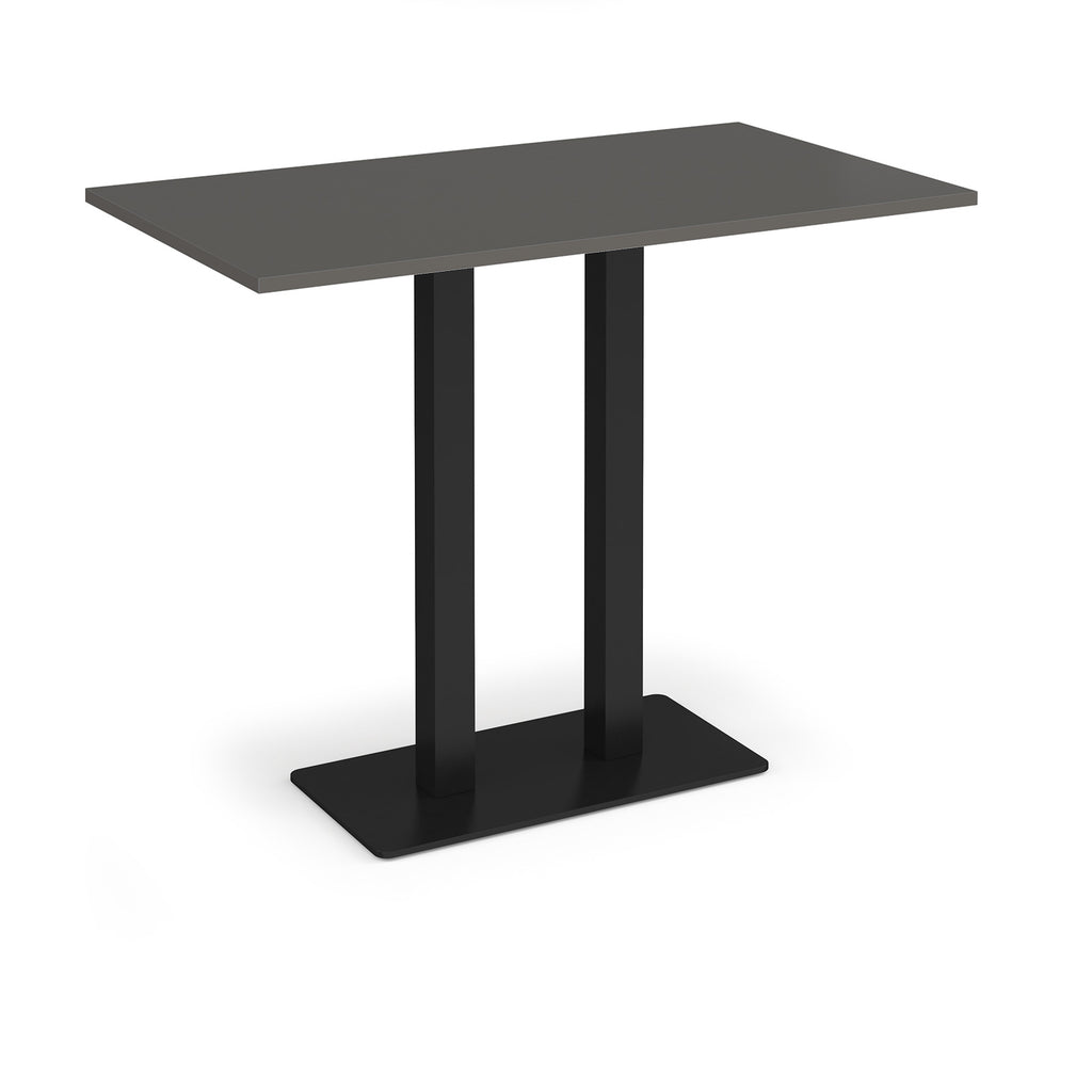Rectangular poseur table with grey top and flat rectangular black base on a white background