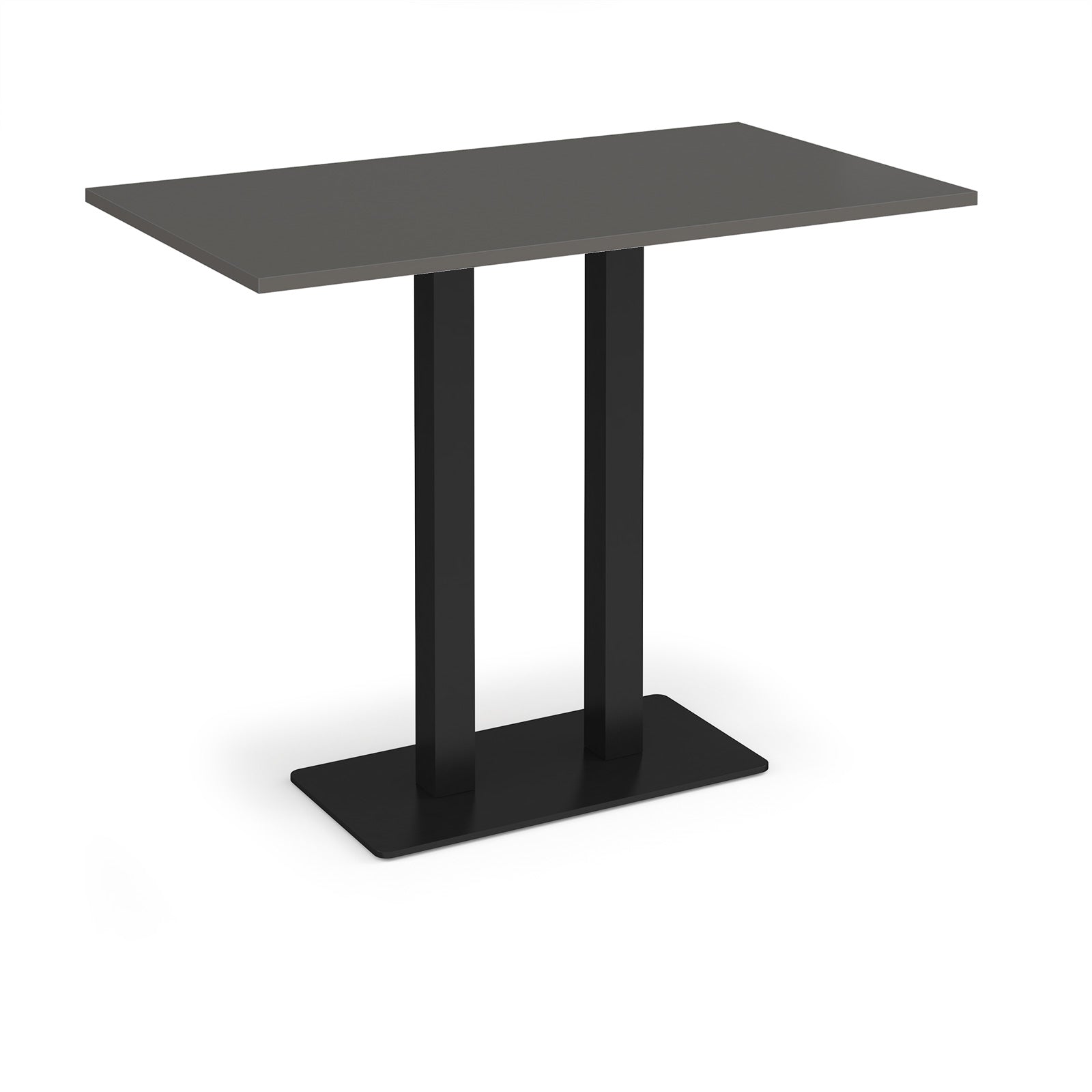 Rectangular poseur table with grey top and flat rectangular black base on a white background