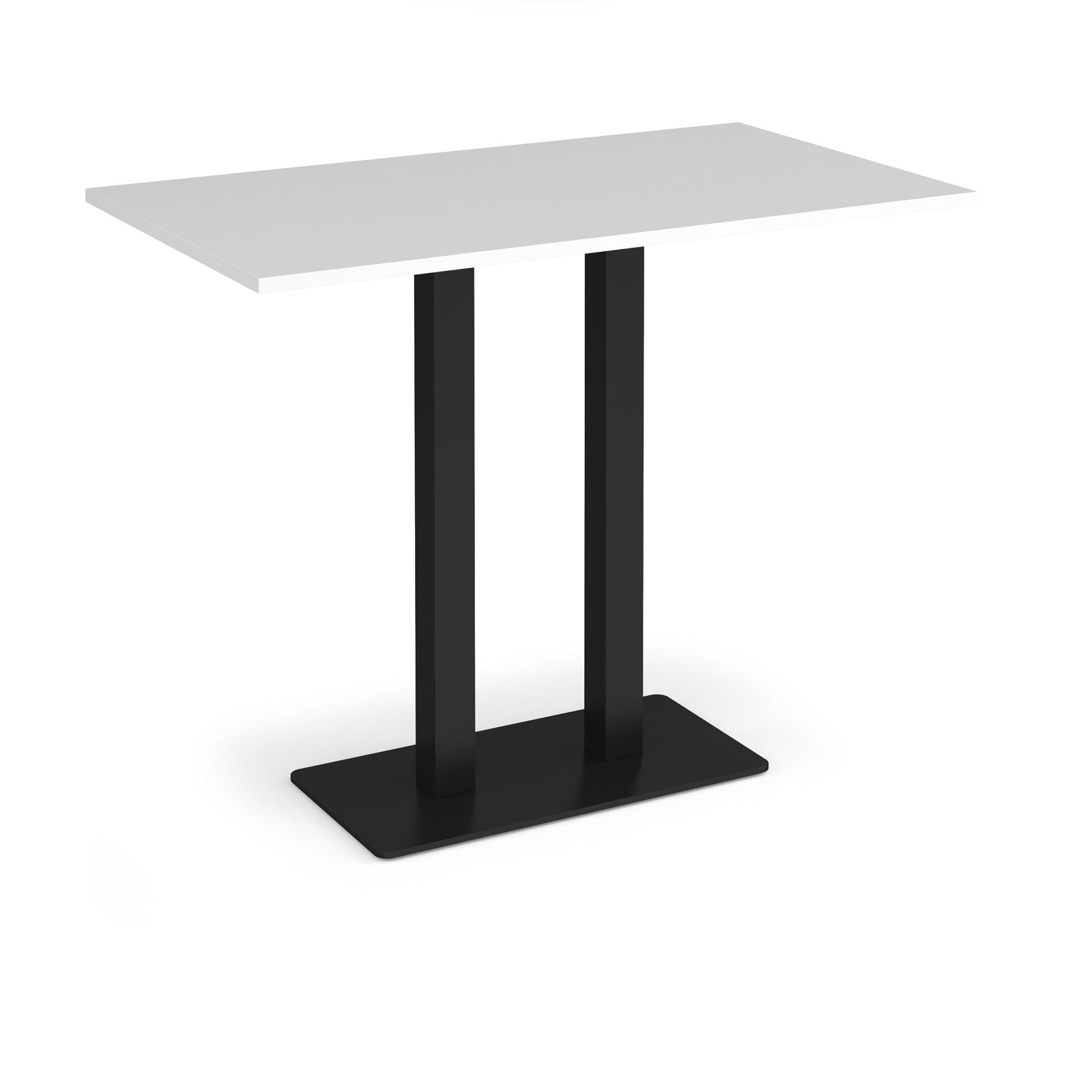 Rectangular poseur table with white top and flat rectangular black base on a white background