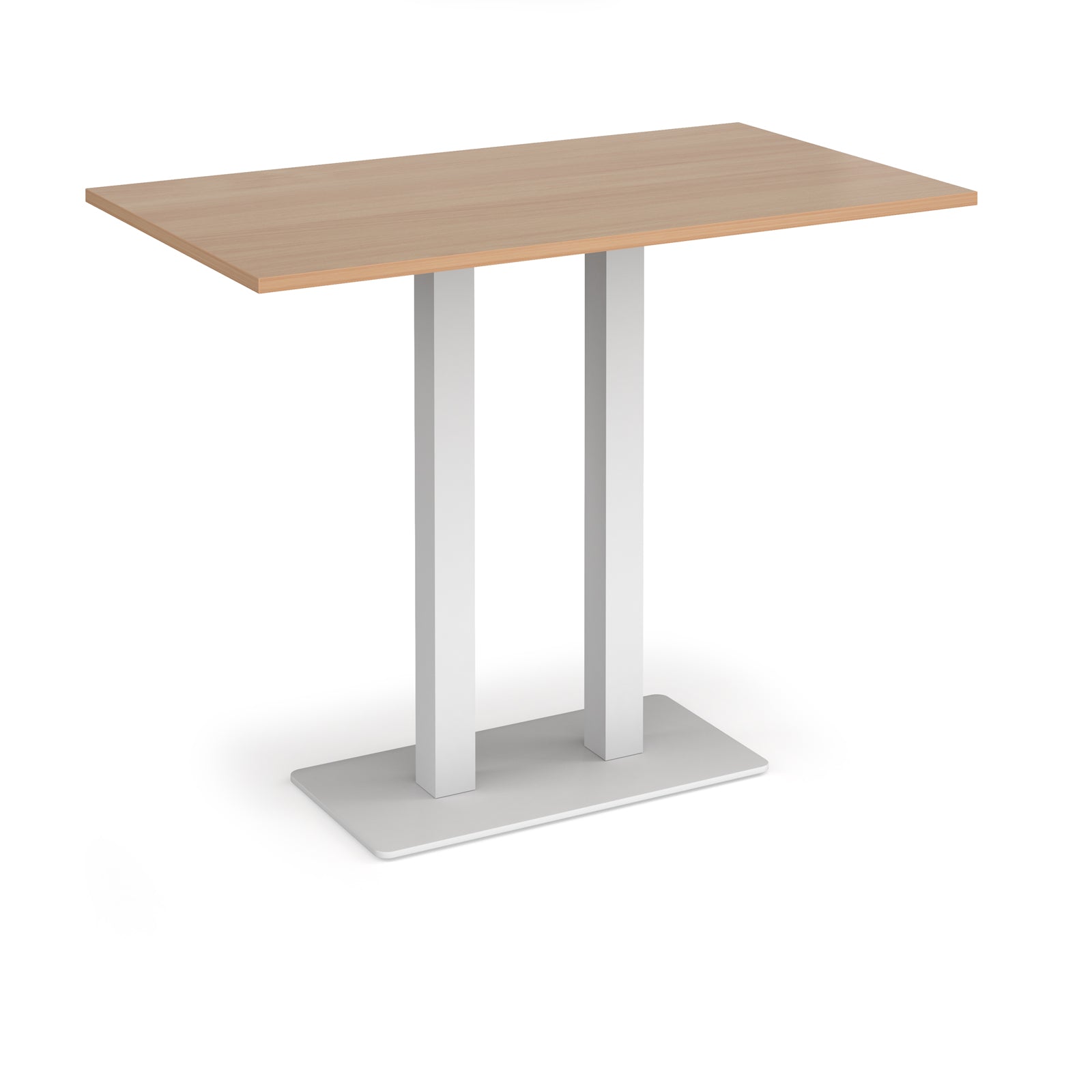 Rectangular poseur table with wood-effect top and flat rectangular white base on a white background