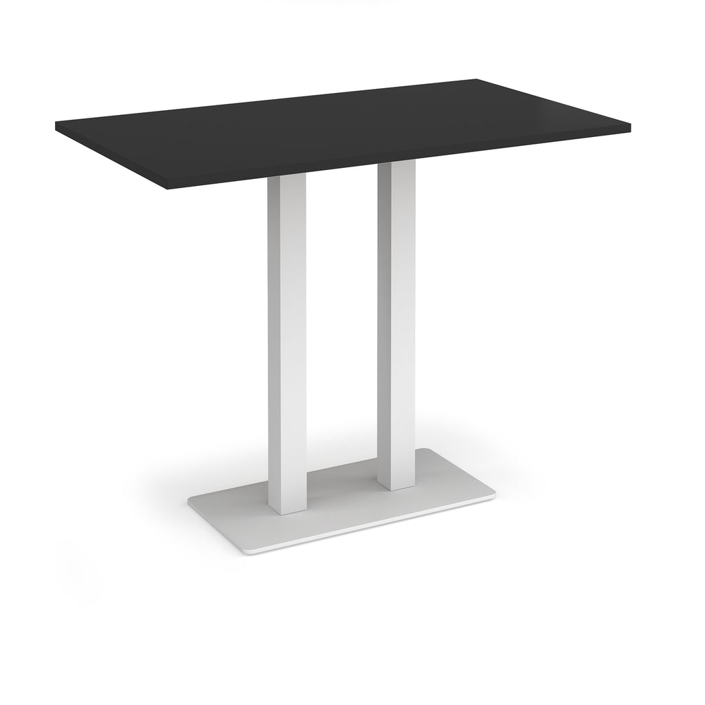Rectangular poseur table with black top and flat rectangular white base on a white background