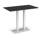 Rectangular poseur table with black top and flat rectangular white base on a white background